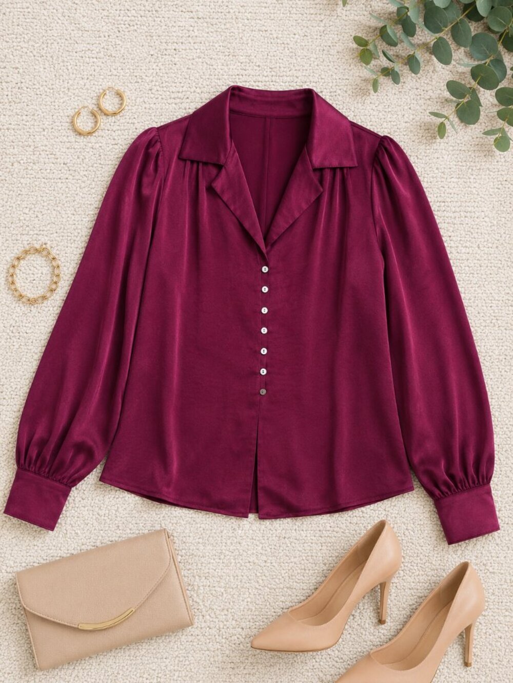 Karen Kane Wine Shirred Blouse Button Front Long Sleeve Top Size XS NWT